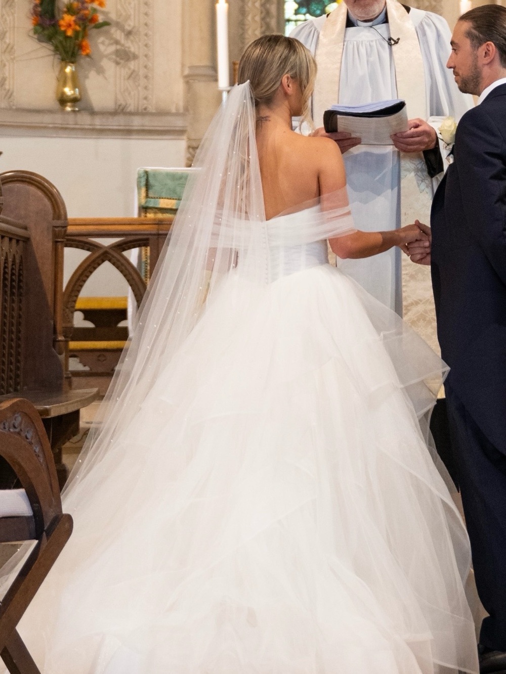 Ivory White  Layered Tulle Ball Gown Dress for Wedding. Includes veil and wrap.